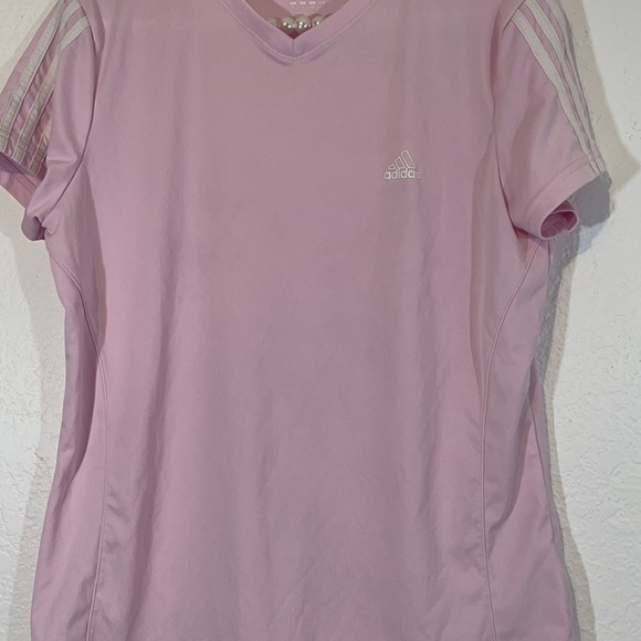 ADIDAS  - LARGE - PINK / WHITE  - V-NECK - ACTIVE SHORT SLEEVE ATHLETIC TOP - Picture 2 of 7